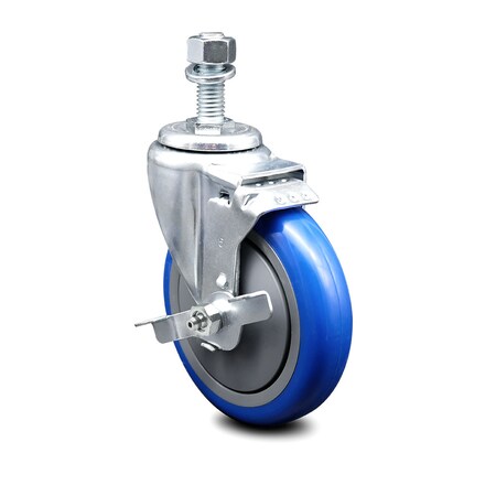 Service Caster 5 Inch Blue Polyurethane Wheel Swivel 1/2 Inch Threaded Stem Caster with Brake SCC-TS20S514-PPUB-BLUE-TLB-121315